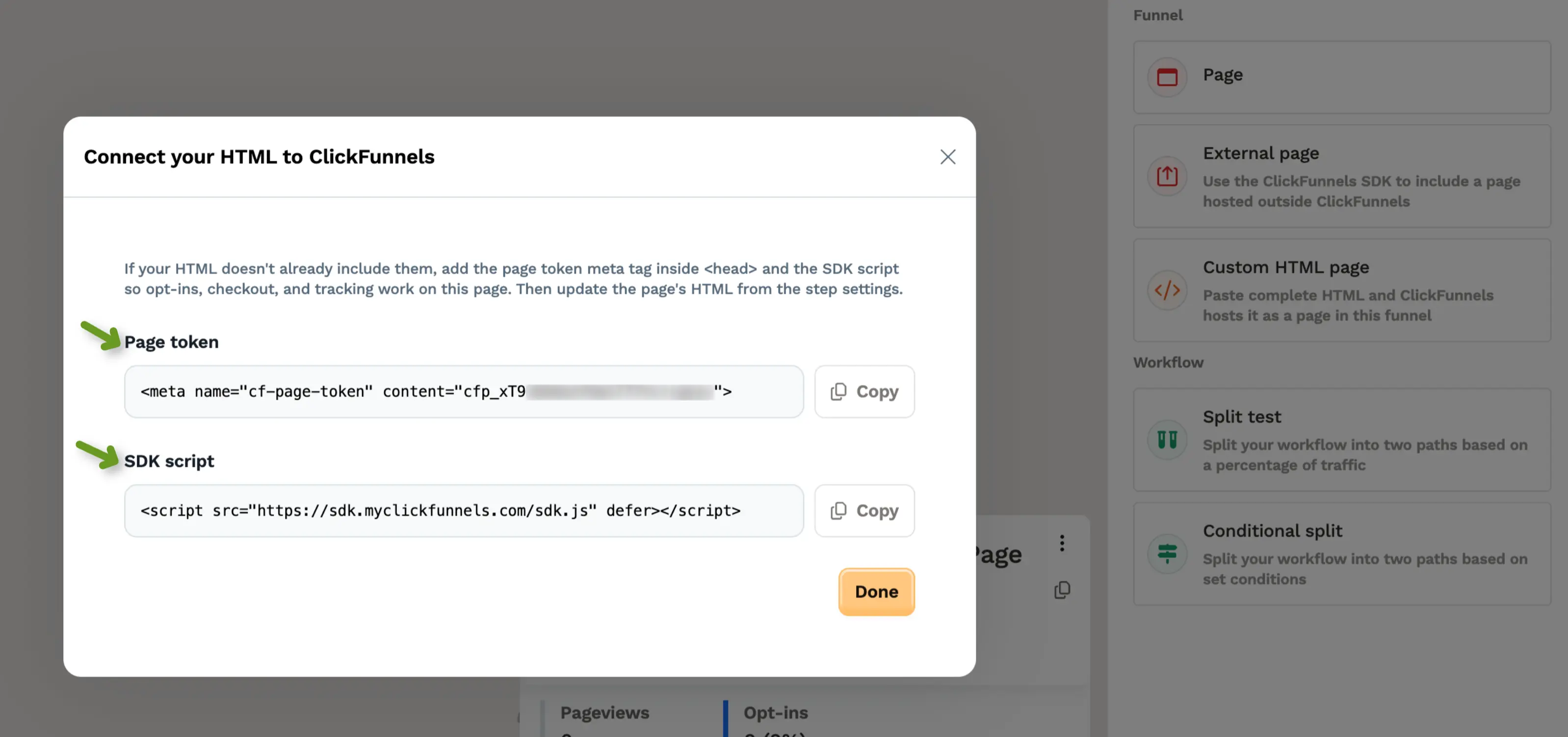 The Connect your HTML to ClickFunnels pane, with a Page token meta tag and an SDK script tag, each beside a Copy button.