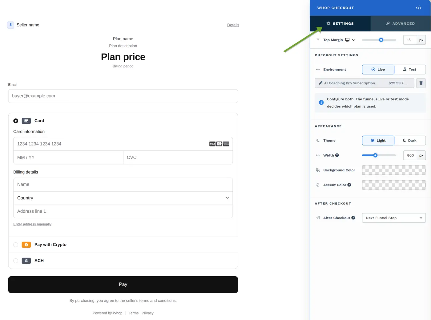 Whop Checkout element on the page editor canvas showing placeholder plan name, price and seller name, with its settings sidebar open on Checkout Settings, Appearance and After Checkout.