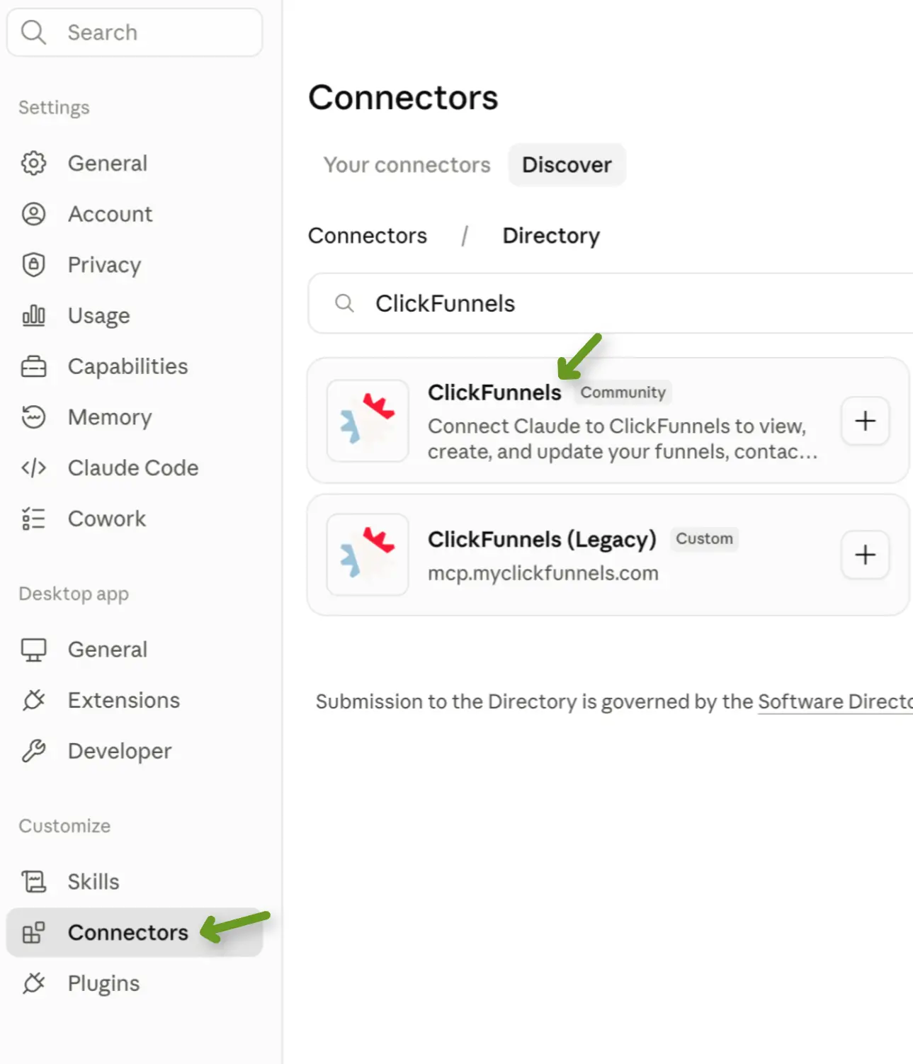 An AI client's connector directory with ClickFunnels typed into the search box, showing two results — ClickFunnels and ClickFunnels (Legacy) at mcp.myclickfunnels.com — each with an add (+) button.