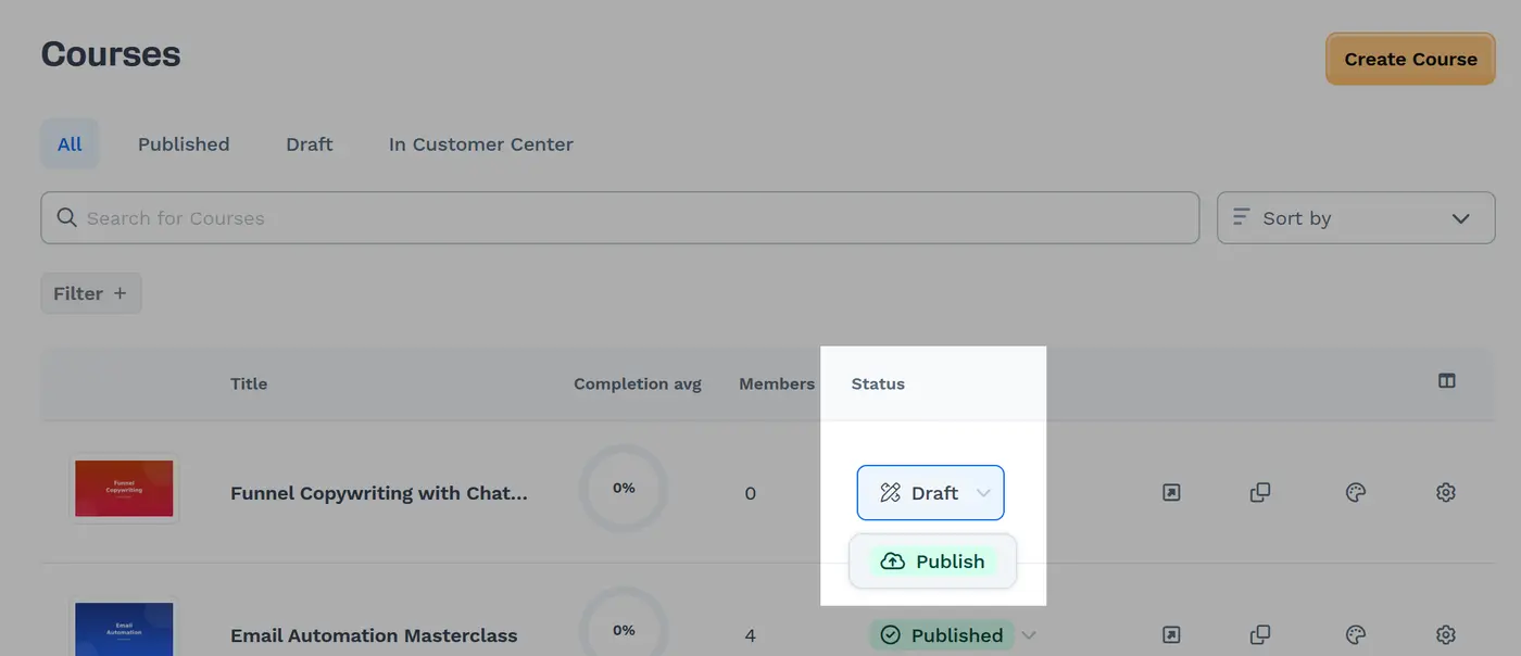 A screenshot of the Courses page highlighting the Publish option under the status drop-down menu.