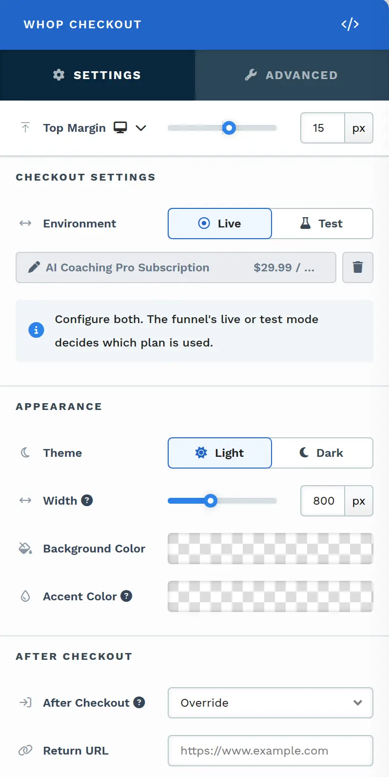 Whop Checkout settings with After Checkout set to Override, revealing the Return URL field below it, under the Appearance settings for Theme, Width, Background Color and Accent Color.