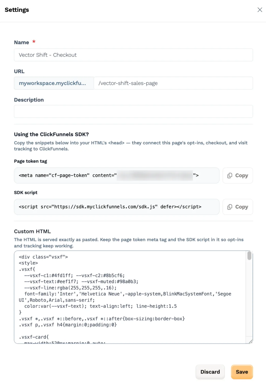 The step Settings pane: Name, URL, and Description fields, a Using the ClickFunnels SDK? section with the Page token tag and SDK script snippets each beside a Copy button, and below them the Custom HTML field holding the page's current HTML.