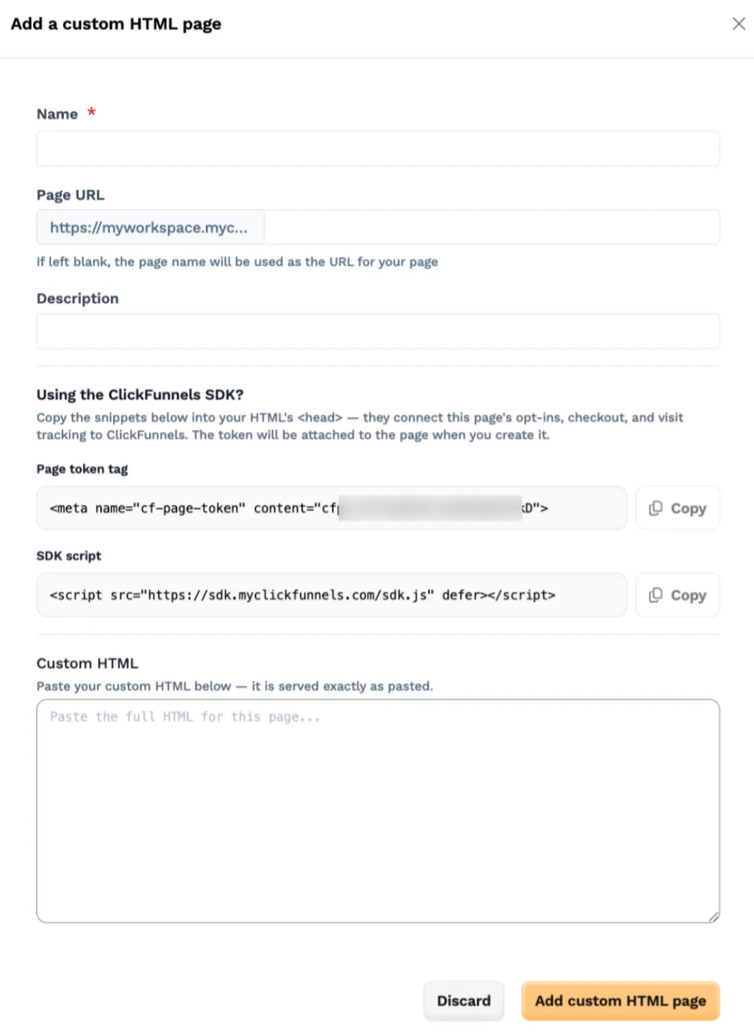 The Add a custom HTML page form: Name, Page URL, and Description fields, then a Using the ClickFunnels SDK? section with a Page token tag and an SDK script snippet each beside a Copy button, then the Custom HTML field and the Add custom HTML page button.