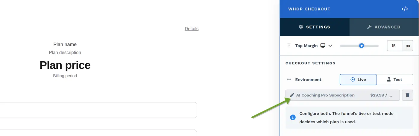 Whop Checkout element sidebar showing the Live and Test environment buttons, the selected plan, and the note that the funnel's mode decides which plan is used.