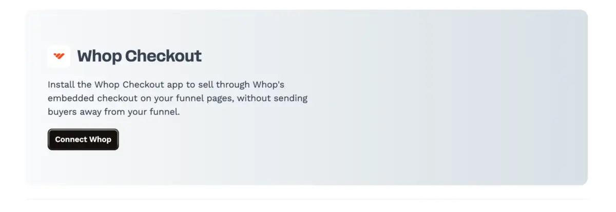 Whop Checkout app card in the ClickFunnels apps grid with a Connect Whop button.