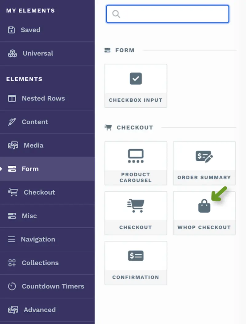 Page editor element picker with the Whop Checkout element highlighted under the Checkout group.