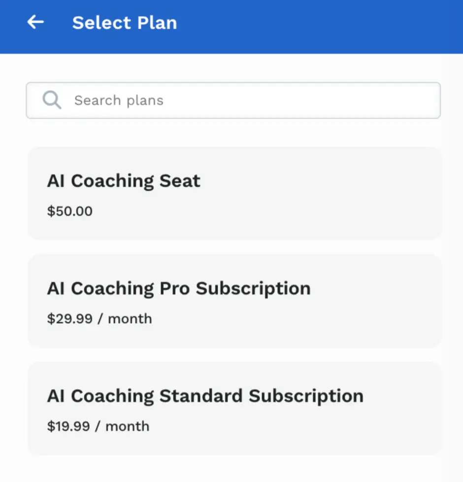 Select Plan panel in the page editor with a search box above the plan rows, each showing the plan name and its price.