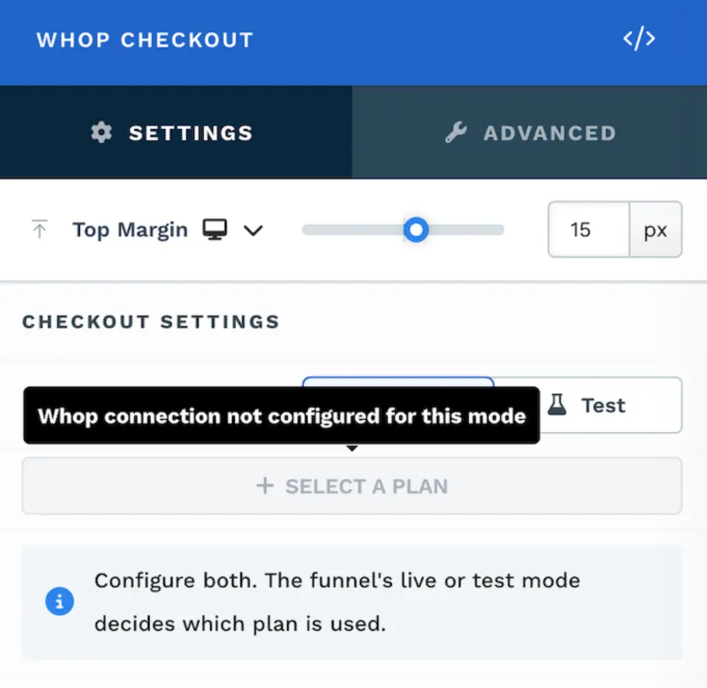 Disabled Whop plan button with a tooltip reading Whop connection not configured for this mode.
