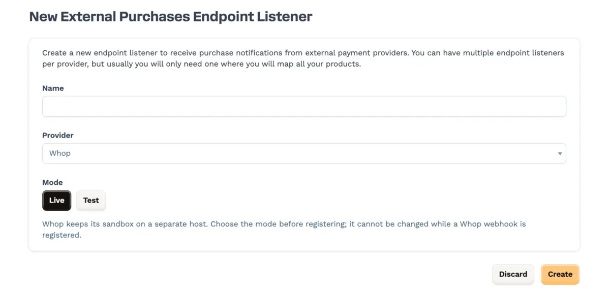 New external purchases endpoint form with Whop selected as the provider and the Live and Test mode buttons showing beneath it.