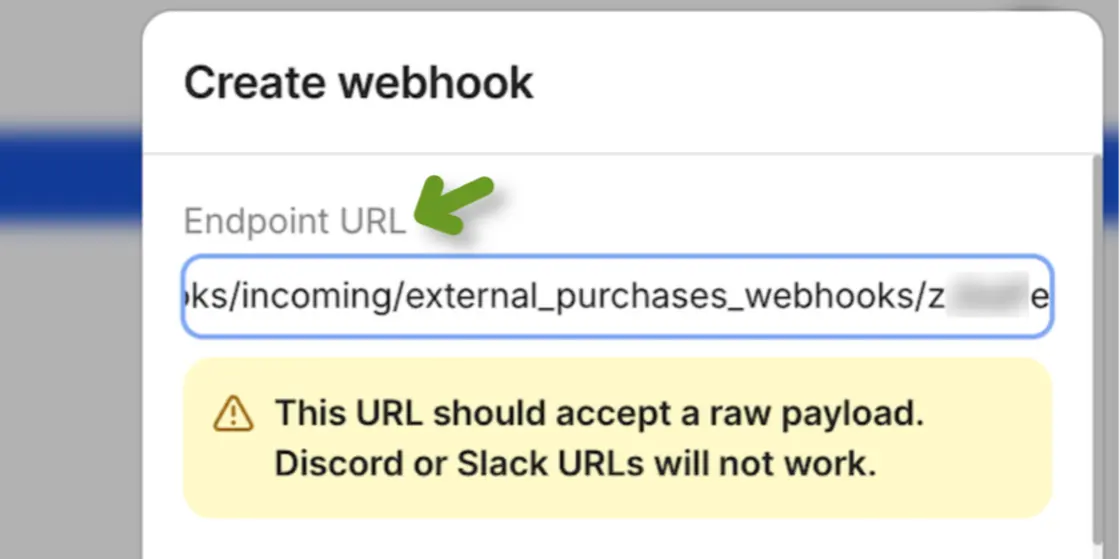 Whop dashboard Create webhook dialog with the ClickFunnels endpoint URL pasted into the Endpoint URL field.