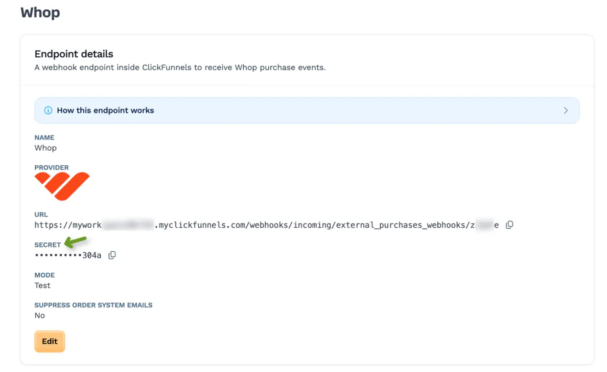 Whop endpoint page after the signing secret is saved, showing the truncated secret and the mode set to Test.