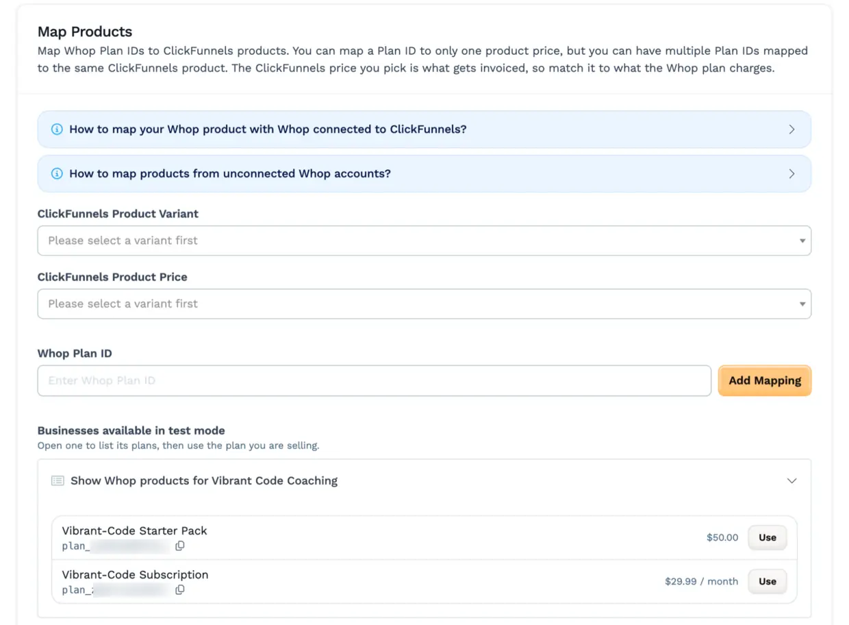 Map Products page for a Whop endpoint with the two help sections, the variant and price selects, and the Whop Plan ID field.