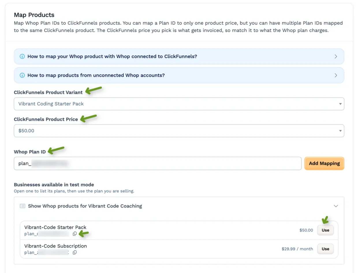 Map Products page with a connected Whop business expanded, using the Use button on a plan to fill the Whop Plan ID field.