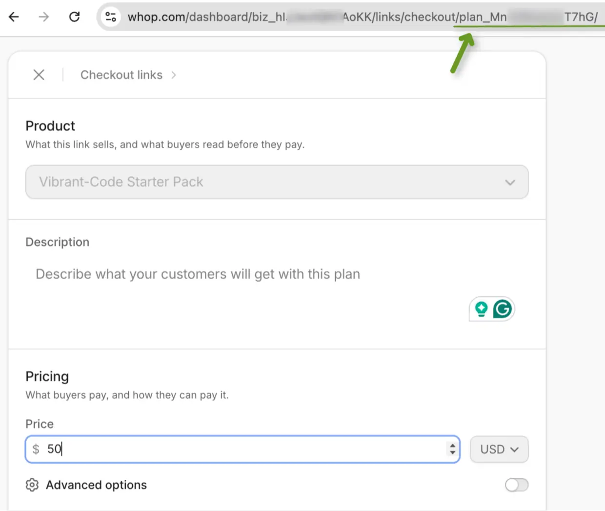 A Whop checkout link open in the dashboard, with the plan ID highlighted at the end of the browser address bar.