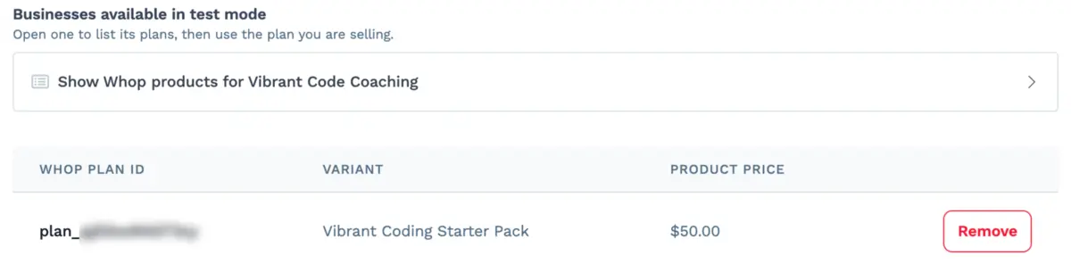 Mapped products table listing a Whop plan ID against a ClickFunnels variant and price.