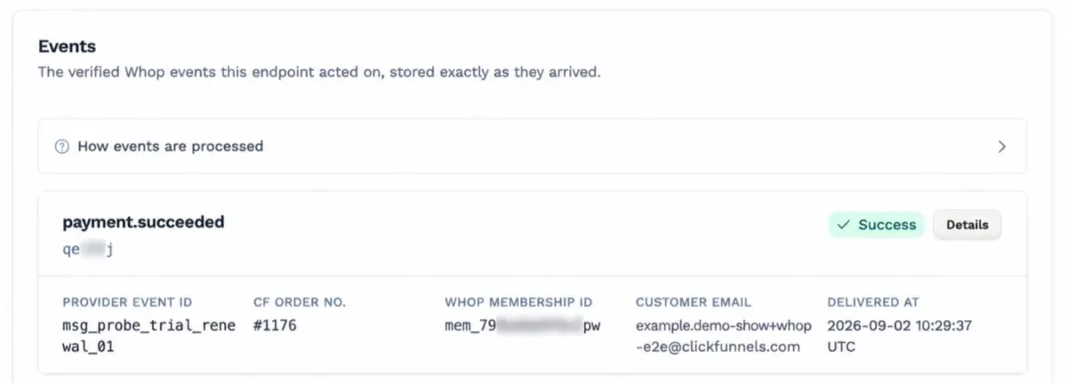 Whop endpoint events list showing a payment.succeeded event with a Success badge, order number, membership ID and customer email.